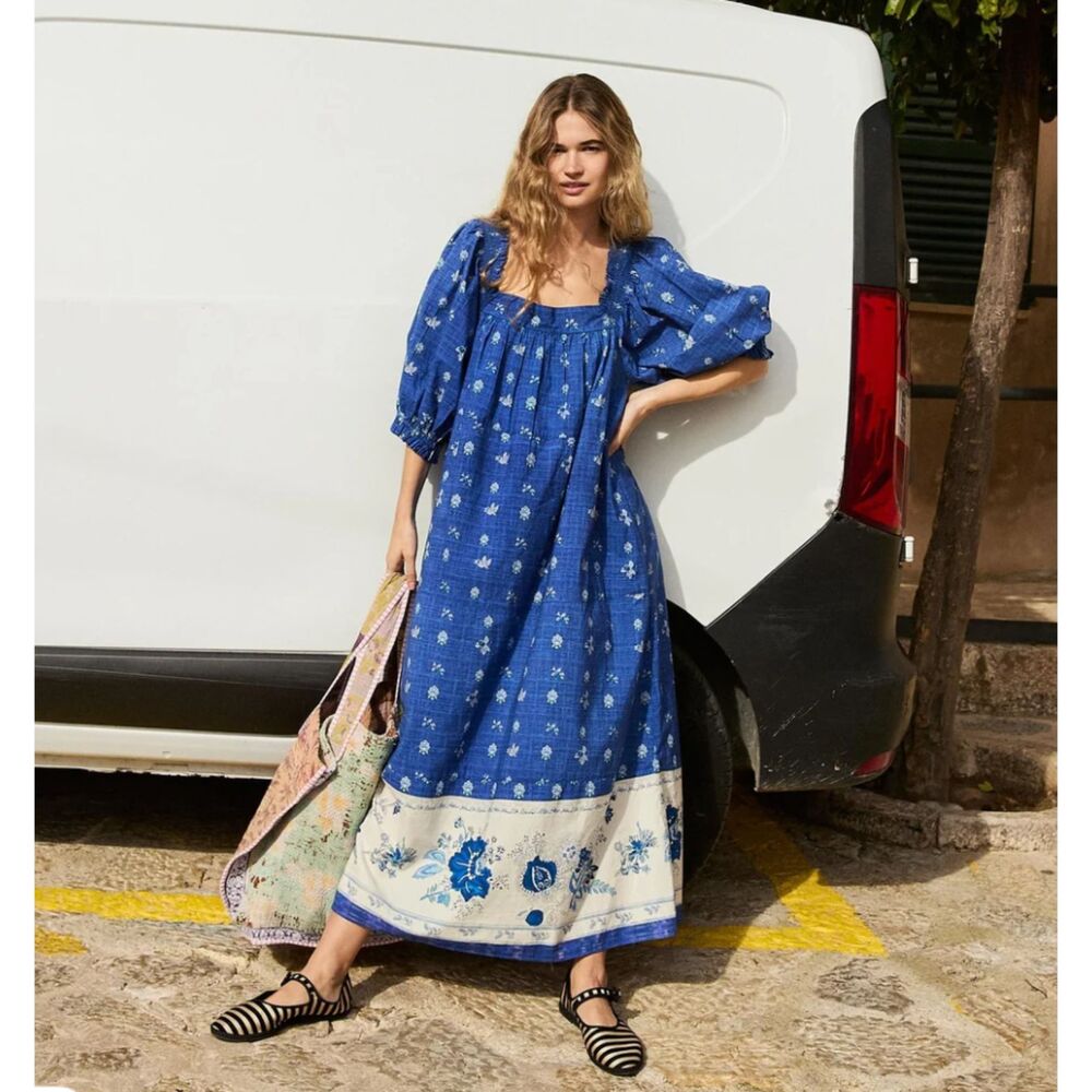 NWT Sissel Edelbo Ronda Organic Cotton Blue Maxi Dress One Size